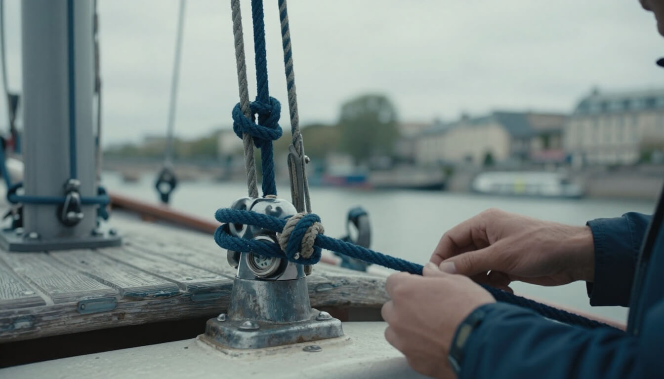 détail de cabine de péniche avec instruments nautiques et cordages