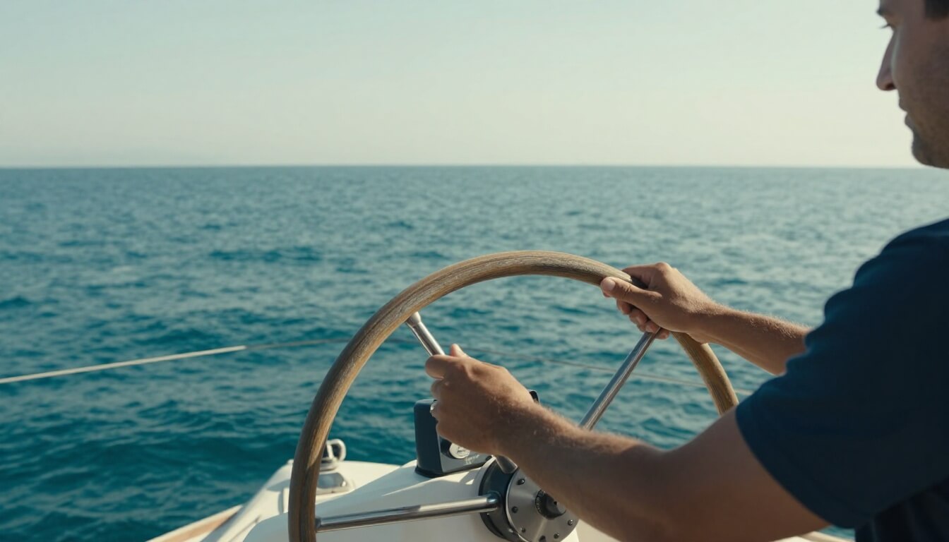 cockpit de voilier avec skipper naviguant en mer calme corse