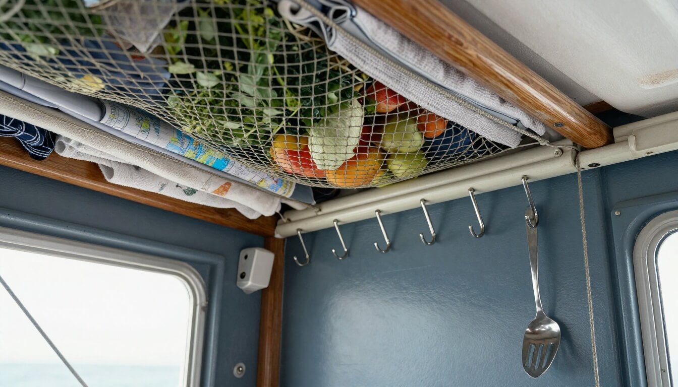 intérieur cabine bateau avec filets suspendus et étagères textiles
