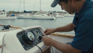 chef de bord vérifiant l'équipement d'un bateau côtier