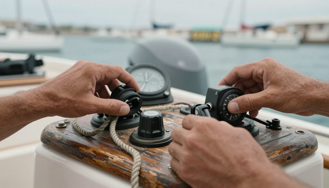 mains du chef de bord vérifiant instruments et équipement