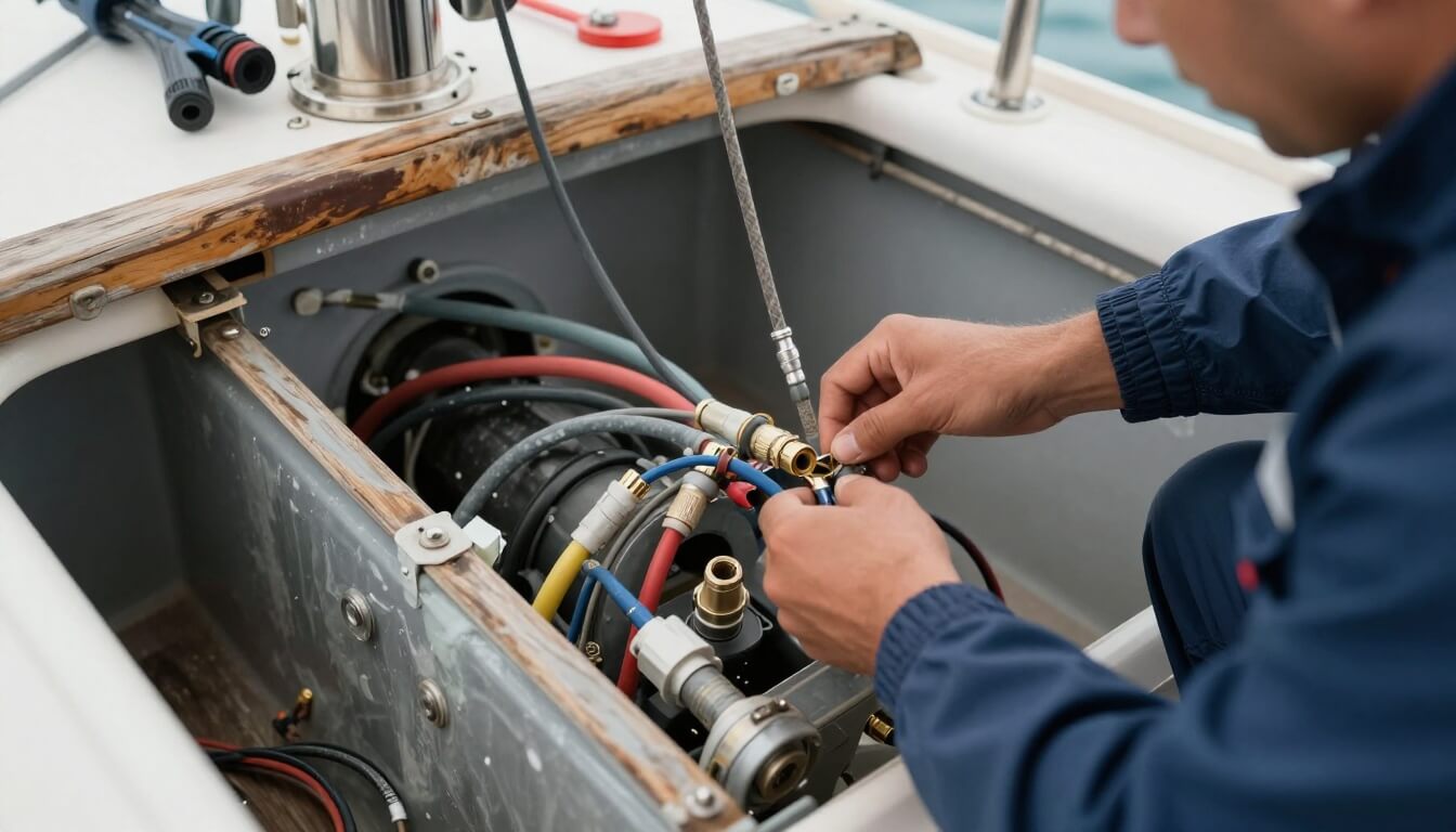 maintenance électrique et moteur dans compartiment bateau