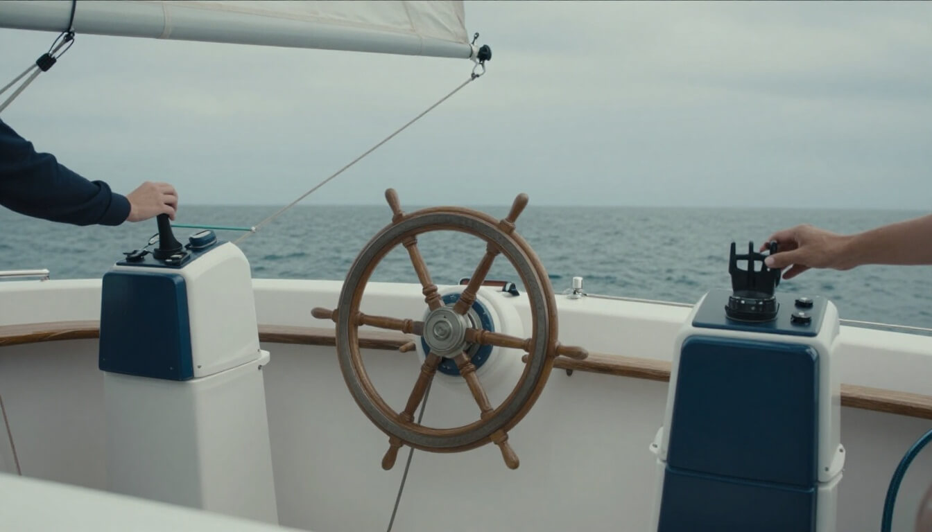 trois systèmes de direction de bateau côte à côte en lumière naturelle