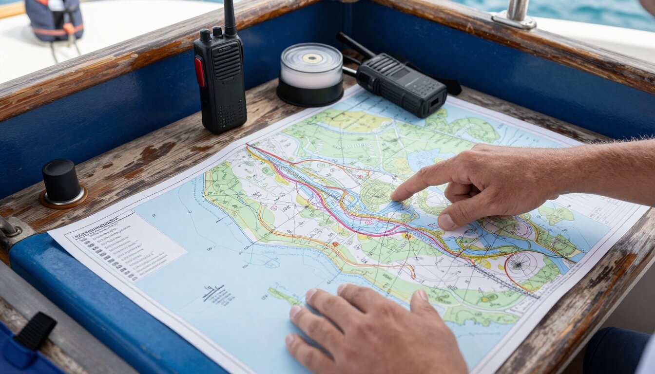 table de navigation avec équipement de sécurité sur un bateau