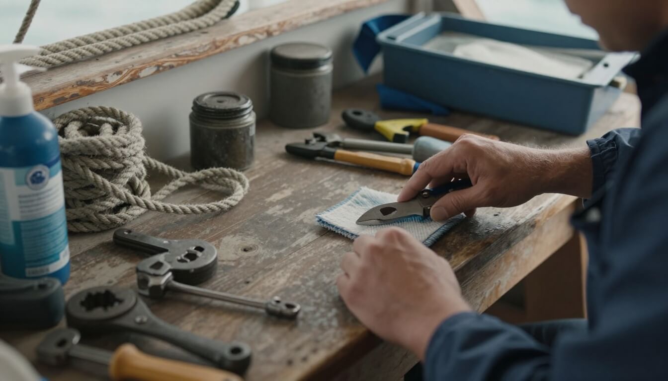 mains inspectant outils d'entretien dans atelier nautique