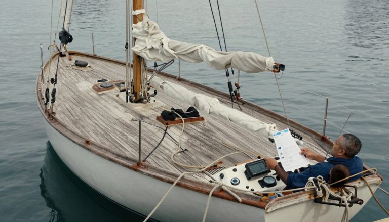 voilier d'occasion amarré au port avec documents d'assurance flous