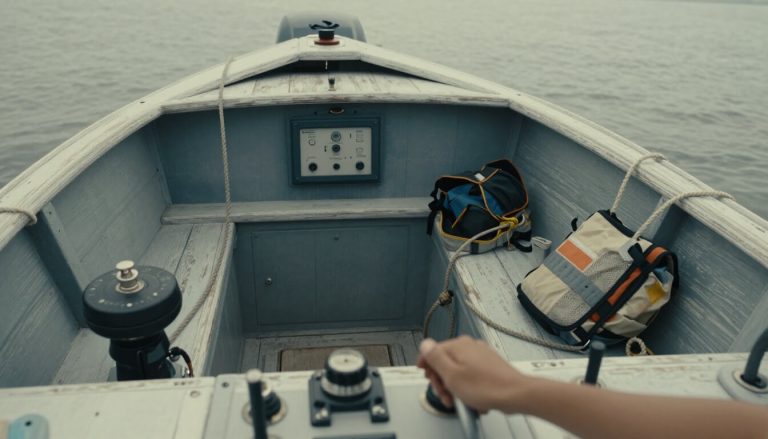 cockpit d'une barque à moteur avec main au gouvernail en lumière naturelle