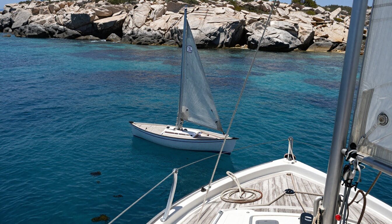 voilier approchant une crique rocheuse près de Porquerolles dans le Var