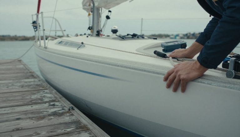 expert inspectant la coque d'un bateau d'occasion au port