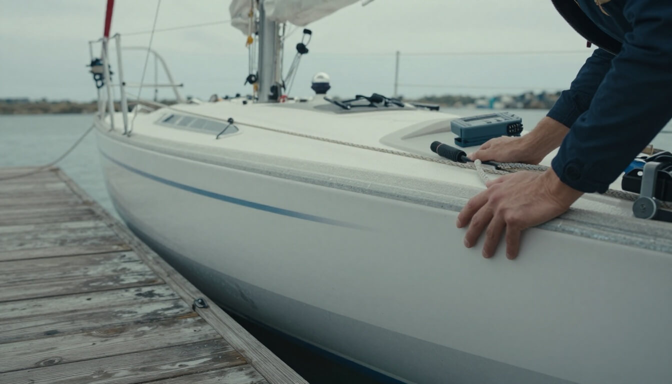 expert inspectant la coque d'un bateau d'occasion au port
