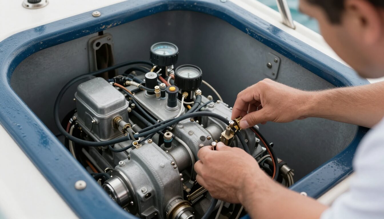 expert inspectant moteur et câblage électrique dans compartiment bateau