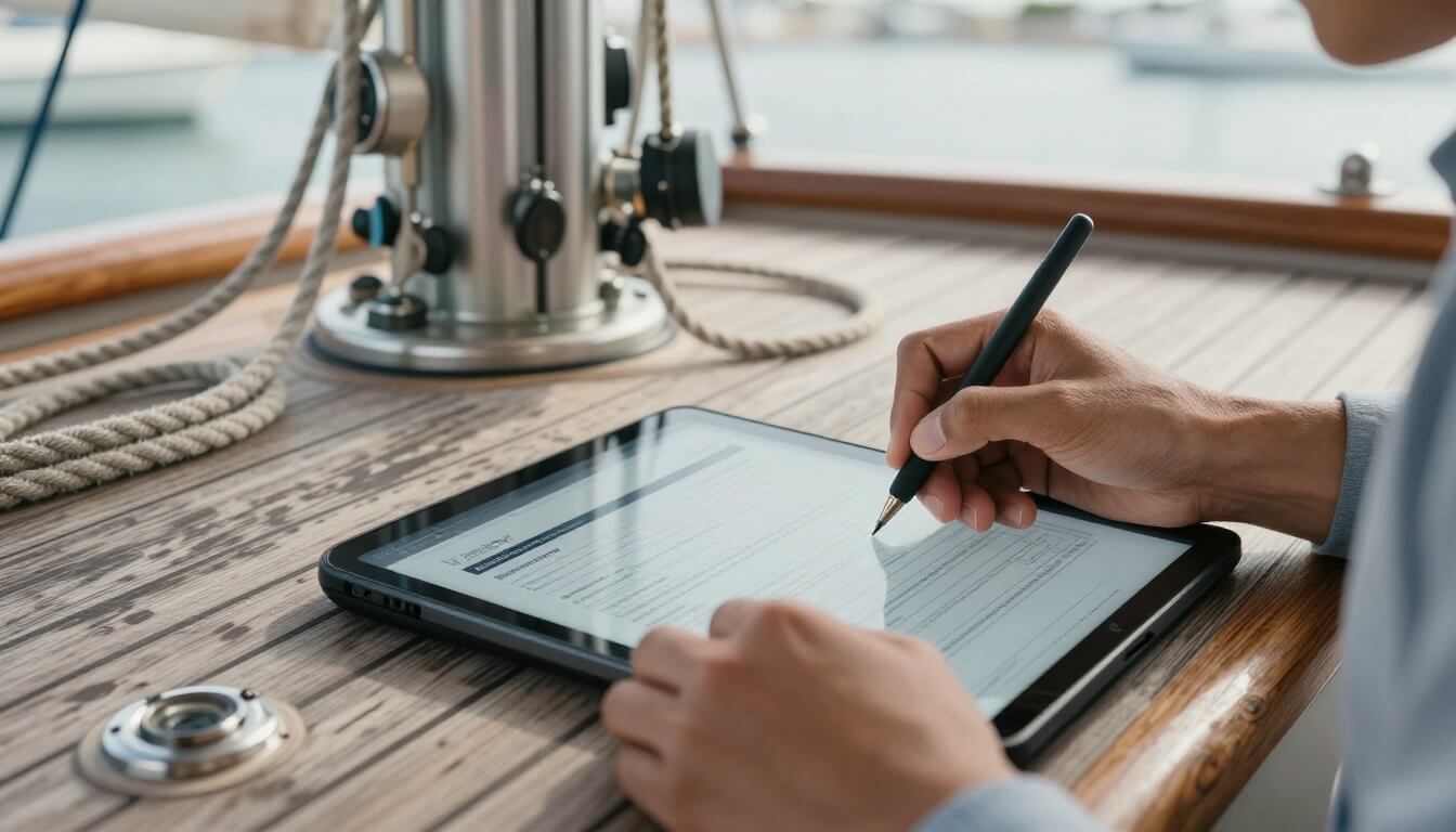 main remplissant un formulaire maritime sur tablette à bord d'un voilier