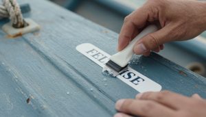 mains appliquant des lettres adhésives sur la coque d'un bateau