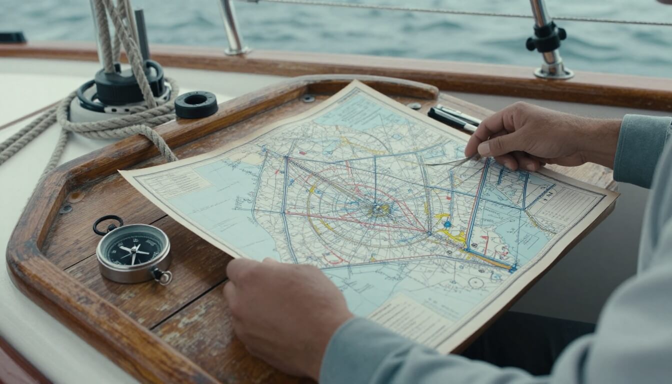 mains tenant carte nautique dans cockpit de voilier