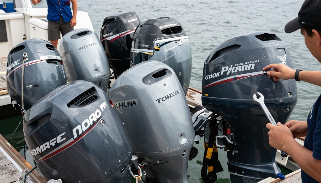 différents moteurs 6 cv alignés sur un ponton de marina