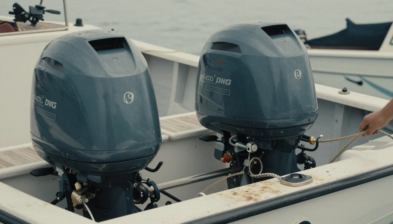 deux moteurs hors-bord électrique et thermique sur une barque en lumière naturelle