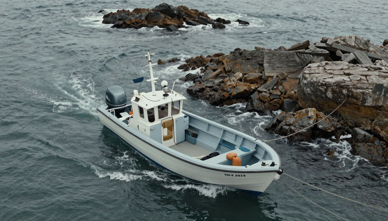 petit bateau moteur naviguant près des côtes rocheuses en Bretagne