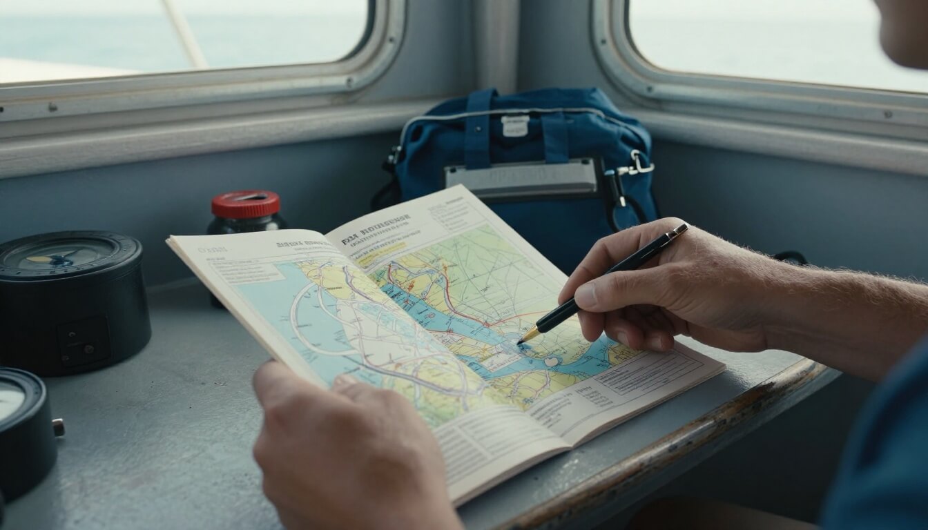 skipper montrant permis bateau et cartes nautiques sur table de cockpit