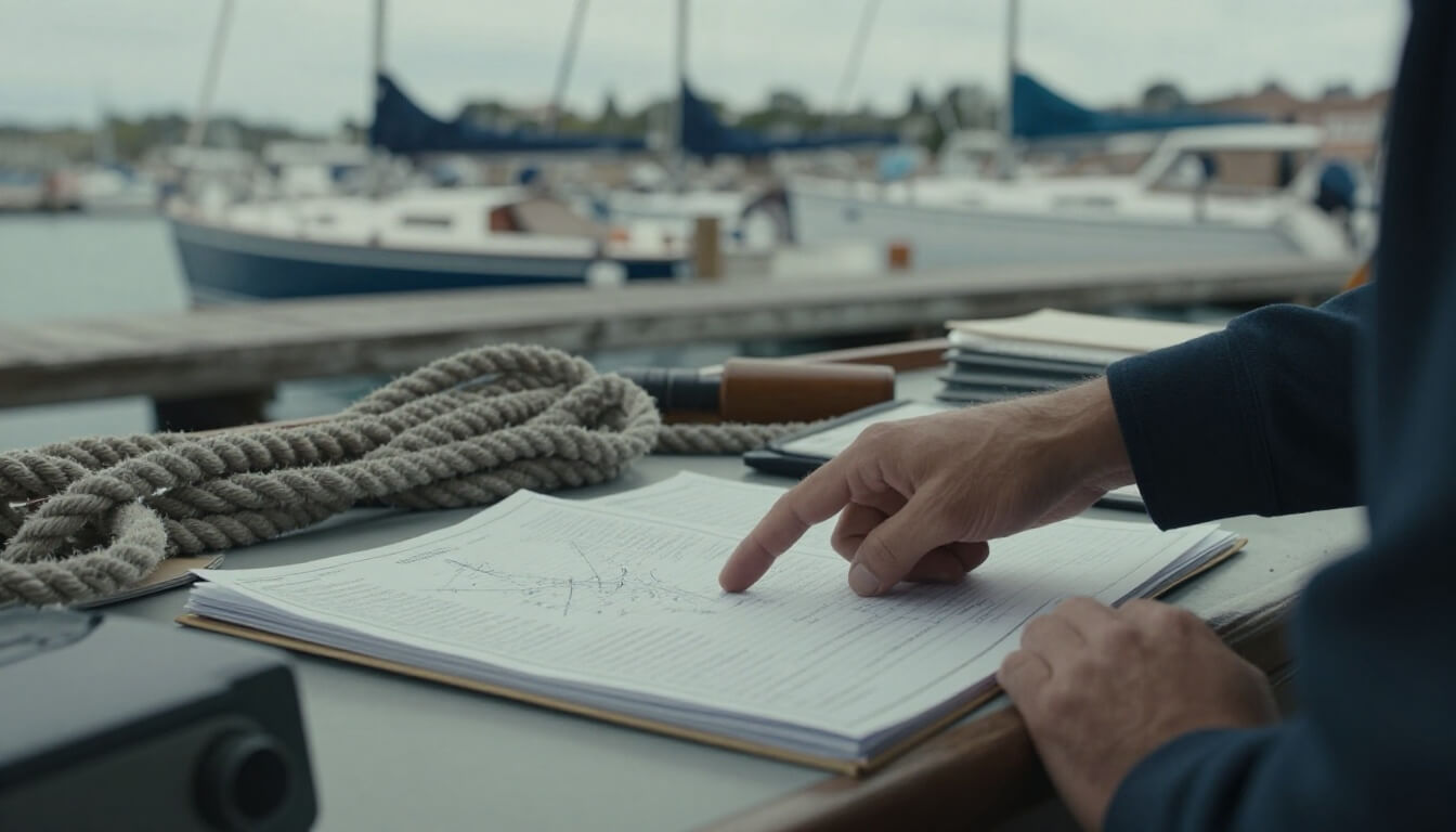bureau de capitainerie avec main pointant un registre des bateaux