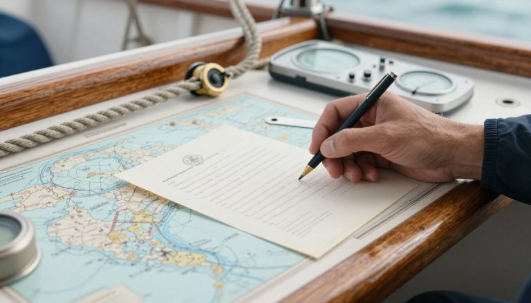 main tenant une lettre officielle sur le cockpit d'un bateau en bois