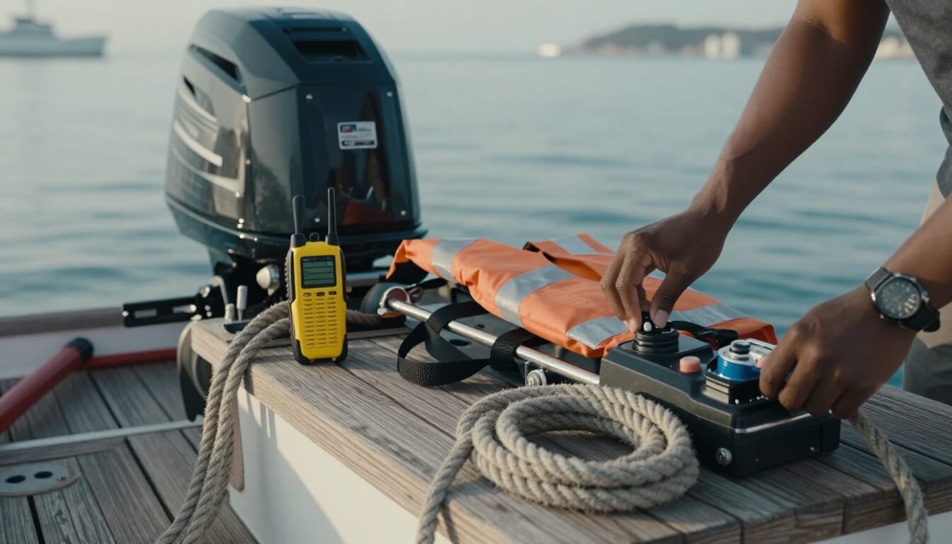 détail moteur semi-rigide et équipements sécurité en marina