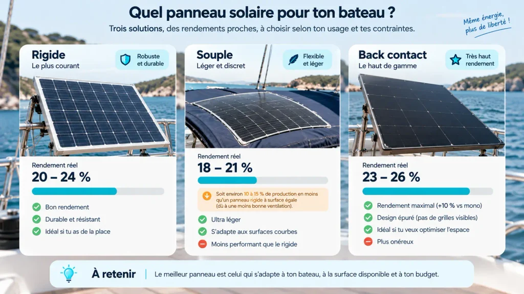 Comparatif rendement panneaux solaires bateau : rigide, souple et back contact