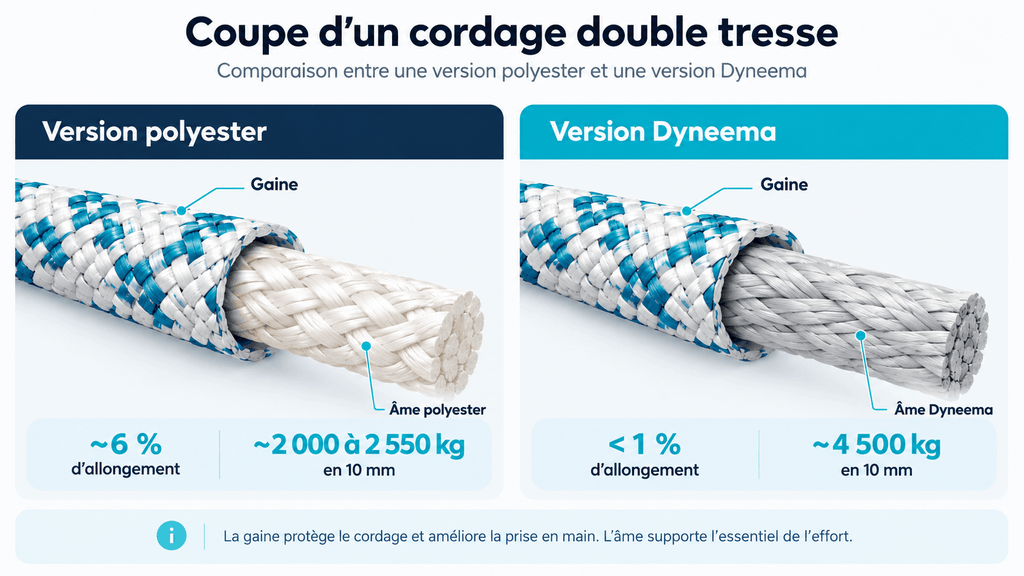 Coupe d'un cordage double tresse comparant une âme polyester et une âme Dyneema, avec leur allongement et leur charge de rupture en 10 mm