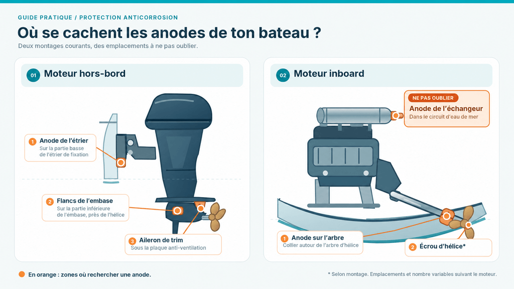 Schéma des emplacements des anodes sacrificielles sur un moteur hors-bord (étrier, embase, aileron de trim) et sur un moteur inboard (arbre, écrou d’hélice, échangeur eau de mer)